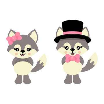 cartoon cute wolf girl and wolf boy in hat vector