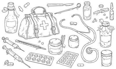 medical instruments and doctor bag, pills and medicine bottles.