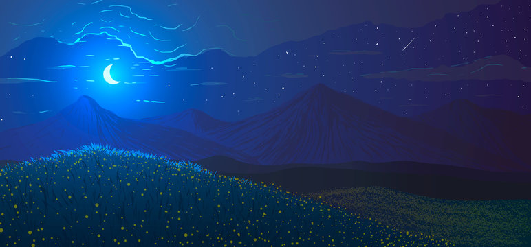 Spring landscape in vector. Meadow with flowers on background of mountains at moonlight night. 