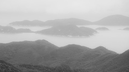 black and white landscape island and mountain with ocean in the rain season