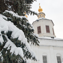 Cathedral of the Assumption (Uspensky Sobor) in winter, framed by snow covered spruce branches. Veliky Ustyug, Vologda Region, Russia.