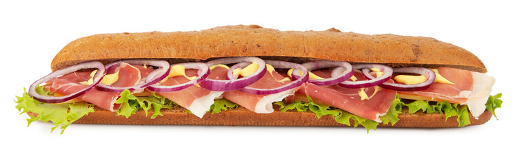 Baguette with ham on white background