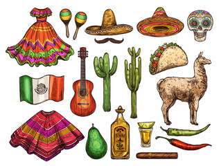 Cinco de Mayo Mexican culture sketch symbols © Vector Tradition