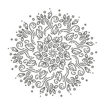 Zentangle mandala, page for adult colouring book, vector design element. Ornamental round black doodle flower, leaves isolated on white background.