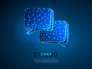 Dialogue, Chat clouds. Wireframe digital 3d illustration. Low poly technology, devices, people communication concept on blue background. Abstract Vector polygonal neon Social Network symbol RGB