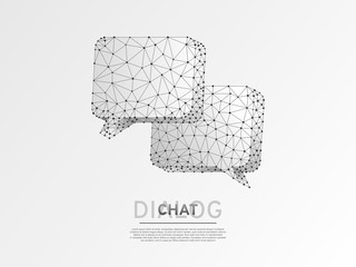 Dialogue, Chat clouds. Wireframe digital 3d illustration. Low poly technology, devices, people communication concept on blue background. Abstract Vector polygonal neon Social Network symbol
