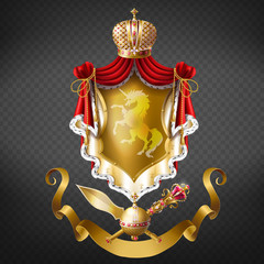 Kings coat of arms, royal heraldic emblem realistic vector. Precious crown, red mantle, cloak with ermine fur, rearing unicorn on golden shields and crossed spear and inlaid gems scepter illustration © vectorpocket