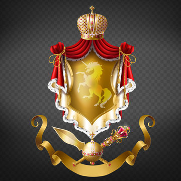 Kings coat of arms, royal heraldic emblem realistic vector. Precious crown, red mantle, cloak with ermine fur, rearing unicorn on golden shields and crossed spear and inlaid gems scepter illustration