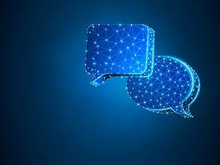 Dialogue, Chat clouds. Wireframe digital 3d illustration. Low poly technology, devices, people communication concept on blue background. Abstract Raster polygonal neon Social Network symbol RGB