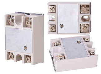 Solid State Relay Module isolated on white background. Single phase. Reduced electromagnetic interference. Input, Output