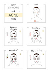 Beautiful girl with acne skin, face day care for acne skin. Line style vector illustration, isolated on white background.