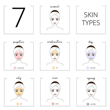 Skin types, normal, oily, combination, dry, sensitive, ageing and acne types. Beautiful girl, isolated on white background, line style vector illustration.