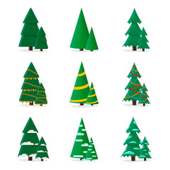 Set christmas tree in flat style, stylish design on a white background