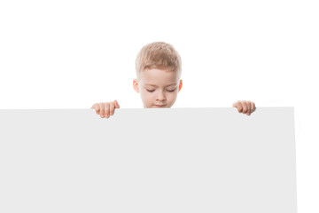preschool child on white background with poster in hand