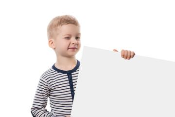 preschool child on white background with poster in hand