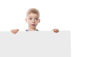 preschool child on white background with poster in hand