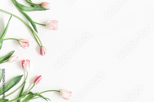 Flowers composition. Pink tulip flowers on white background. Valentine's day, Mother's day concept. Flat lay, top view, copy space
