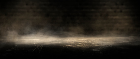 Background of an empty dark room, smoke and dust.