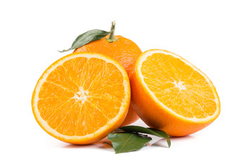 Orange fruit with leafs on white background