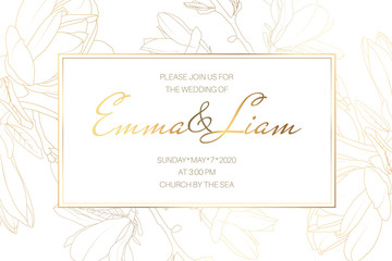 Wedding marriage event invitation card template. Spring magnolia garden flowers. Detailed outline drawing.