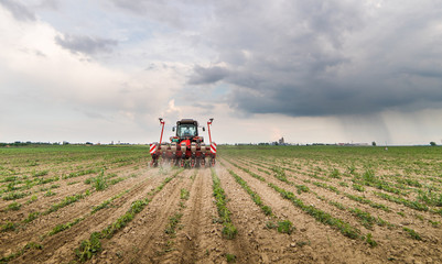 Fototapeta premium Farmer with tractor seeding soy crops at agricultural field