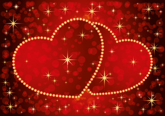 Two romantic hearts on a red starry background.