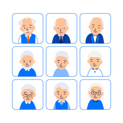 Set avatars happy old people. Icons of heads of elderly people in rounded squares. Symbols aged faces. Illustration of people characters isolated on white background in flat style