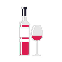 Wine bottle and wine glass. Red wine color. Alcohol drink sign. Color illustration tableware for drinking isolated on white background in flat style
