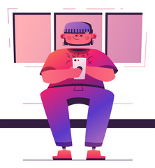 Man hold smartphone. Cartoon vector illustration. Character design