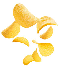Flying potato chips, isolated on white background