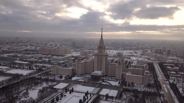 Aerial view of the Moscow historical high-rise building in winter cloudy weather.