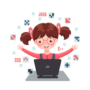Smiling girl sitting at laptop and learning coding.