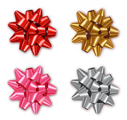 Bow set collection Vector realistic. Shiny Colorful red, silver, golden. Decor wrapping element. 3d detailed illustrations