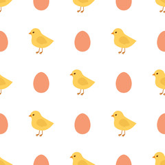 Vector chicken seamless pattern. Yellow chicks and eggs seamless pattern.