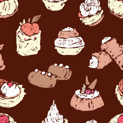 Seamless background of sketches od various brownies