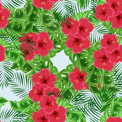 Foto op Aluminium Exotic seamless pattern with tropical flowers and leaves. Banana leaves and hibiscus flower. Floral background with exotic leaves and flowers. © Natallia