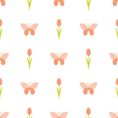 Vector seamless pattern with tulips and butterflies. Seamless pa