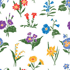 Vector pattern of various drawn flowers