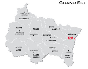 simple gray administrative map of the new french region Grand Est