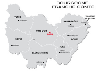Fototapeta na wymiar simple gray administrative map of the new french region Bourgogne-Franche-Comte
