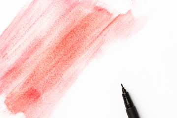 Red pink crimson watercolor paintbrush long strokes on white paper background. Black pigment fineliner pen. Greeting card poster banner placeholder template with copy space for text lettering