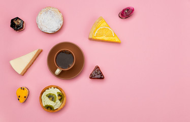 Coffee and bakery on pink background
