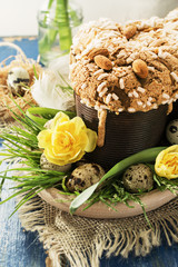 Colomba - italian easter dove cake on old rustic grey board. Selective focus, free text space.