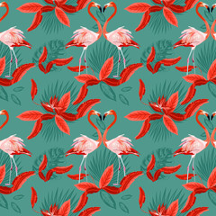 Seamless tropical pattern, Two flamingos in love and tropical palm leaves, plants, bird of paradise. Romantic Valentine's Day template. Pattern trend design.