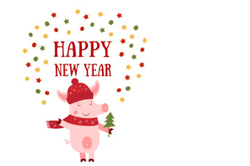 Vector illustration of Pig and Happy New Year text. Zodiac symbol of 2019 year. Cute cartoon pig useful for invitations, scrapbook, Christmas card, poster, sticker, clip art.