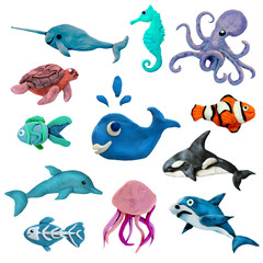 Colorful plasticine 3D sea animals  icons set isolated on white background