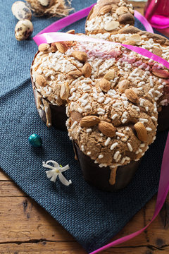 Colomba - italian easter dove cake on old rustic  board. Selective focus, free text space.
