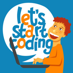 A vector image with a boy coding and a lettering Play learn code. A children coding theme text with the programming languages and a boy kid coding