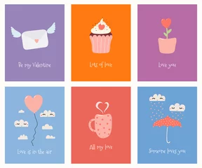  Set van schattige Valentijnsdag kaarten met paraplu, ballon, mok, cupcake, bloempot, liefdesbrief, tekst. Hand getekend vectorillustratie. Scandinavische stijl plat ontwerp. Concept voor kinderen afdrukken. © Maria Skrigan
