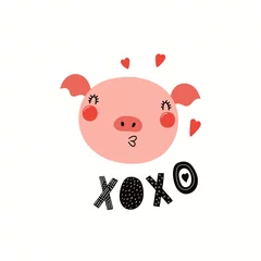 Sierkussen Hand drawn Valentines day card with cute funny pig, hearts, text XOXO. Isolated objects on white background. Vector illustration. Scandinavian style flat design. Concept for children print. © Maria Skrigan